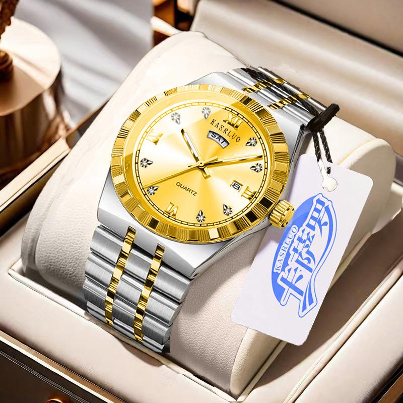 Men'S Watch Stainless Steel Waterproof Non-Mechanical Luminous Calendar Fashion Steel Belt Watch