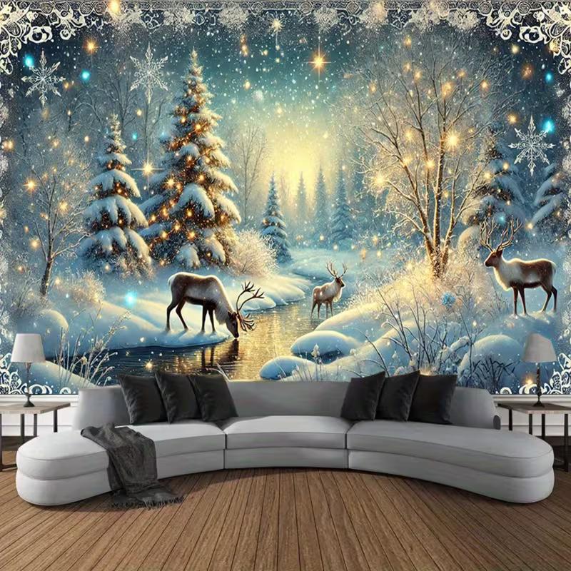2D Snowy Forest Reindeer Tapestry, Glowing Xmas Tree & Winter Scene Wall Decor 47.2x31.5inch/120*80cm