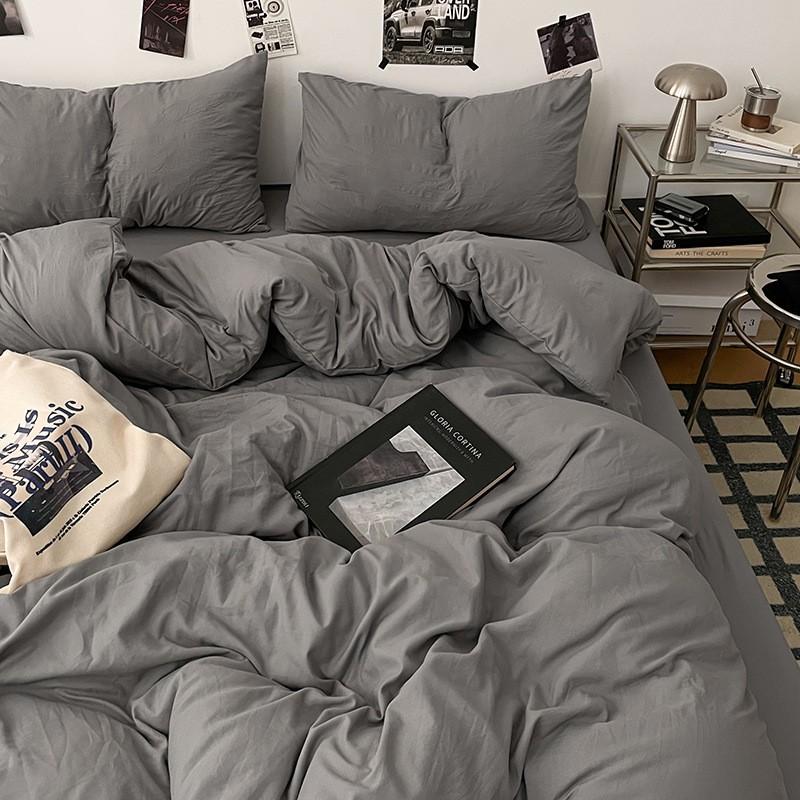 Soft Washed Cotton 4-Piece Bedding Set Pure Color Hypoallergenic Baby Safe Dormitory Use All Season