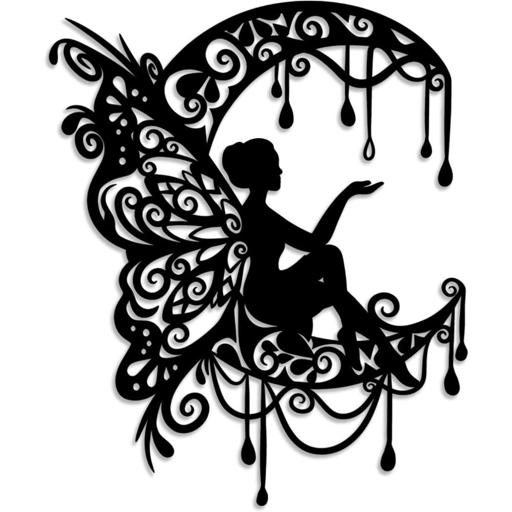 Handmade Iron Moon Flower Fairy Wall Art, Rustic Black Metal Decor for Living Room Bedroom Outdoor