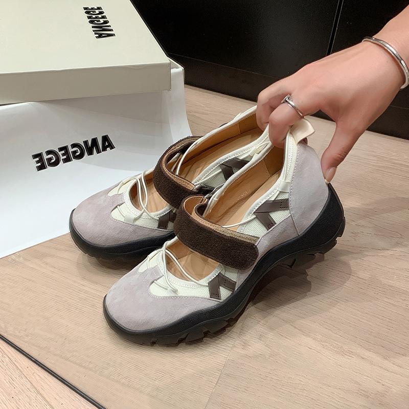 Cowhide Version~ Korean Version of Niche Design Ballet Sneakers Women's 2025 New Velcro 34-42 Shoes