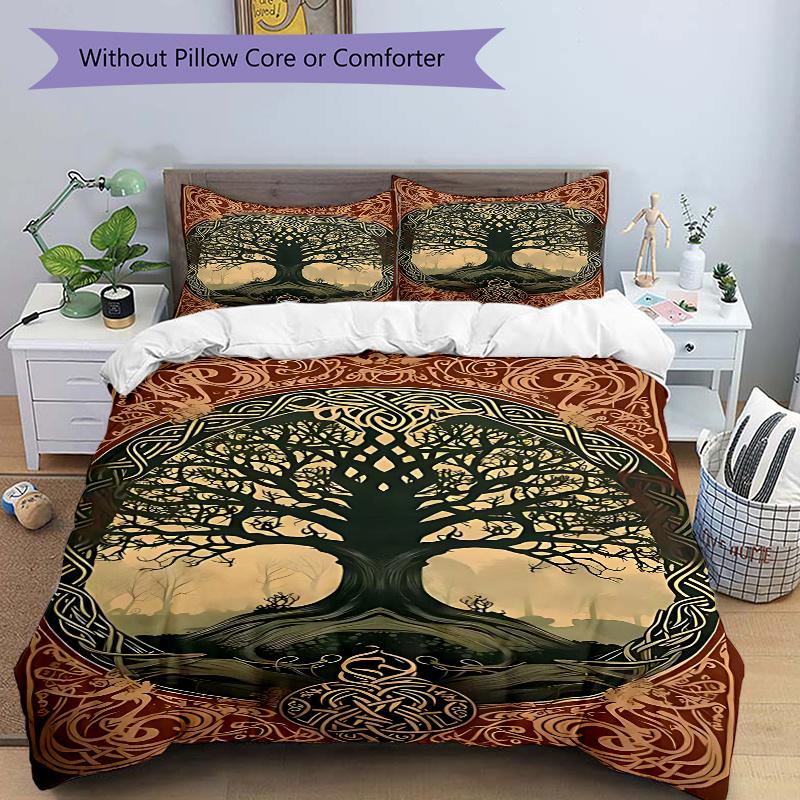 3pcs Tree of Life Celtic Knotwork Comforter Set with Two Pillowcases (No Core), Home Decor, Festival Gift, Polyester Fabric, Anime Cartoon Design