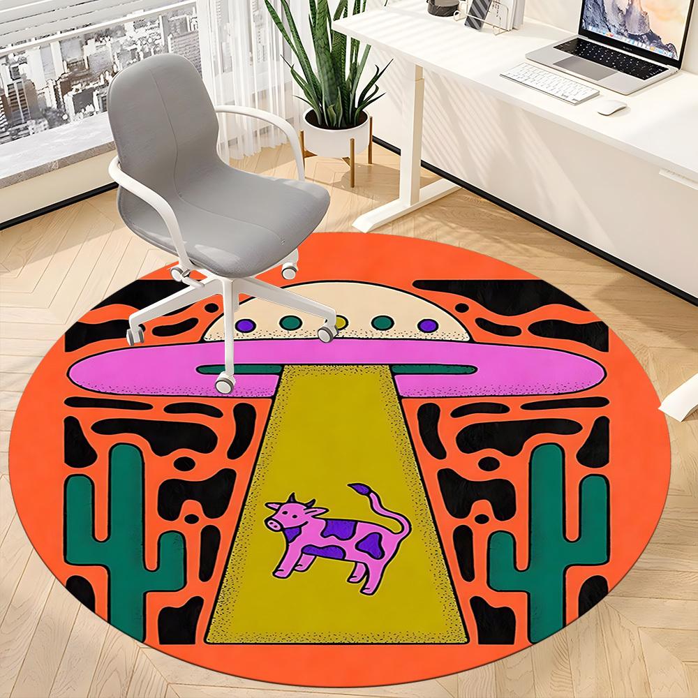 1pc UFO Cow Office Round Area Rug, Indoor Mat Suitable For Office, Under Office Chairs Bedroom Living Room Home Decor, Room Deco
