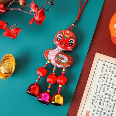 Traditional Embroidery Snake Wind Chimes Handmade Hanging New Year Pendants with Tassels Chinese Lucky Bag Pendants