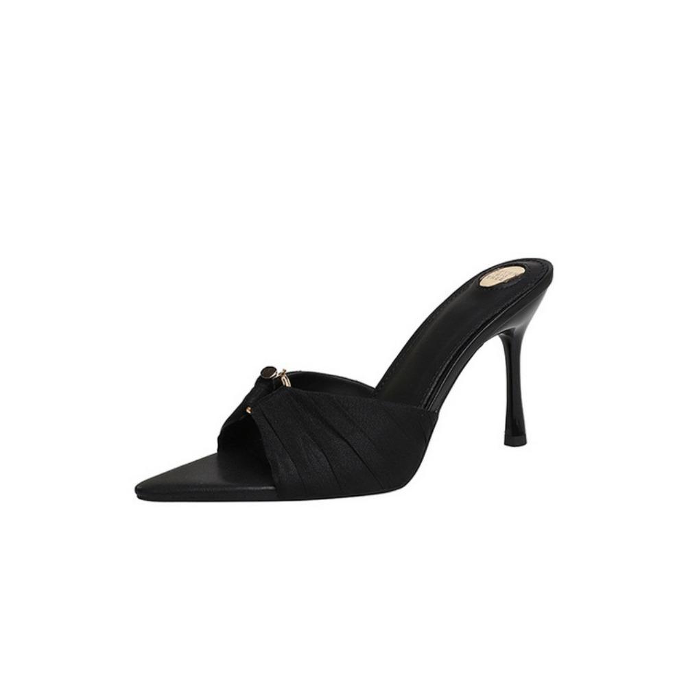 Women s Ruched Lace Stiletto Heeled Sandals Pointed Toe One Strap Open Toe Slip On Mules For Outdoor 34