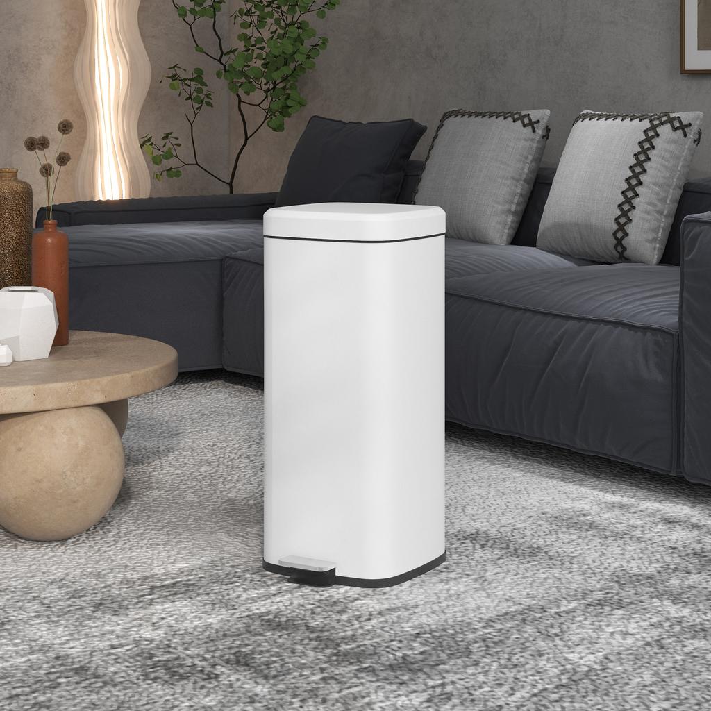 Trash Can 30L, Soft-Close Lid, Fingerprint-Proof, Foot Pedal, Metal/Plastic, 28x35x63.5 Cm, White