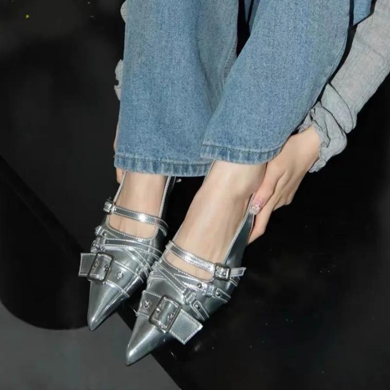 Fashion 2025Vintage Stiletto Sandals Fall New Pointed Toe Shallow Rivet Metal Buckle One Strap Anti-Slip Wear-Resistant High Heels