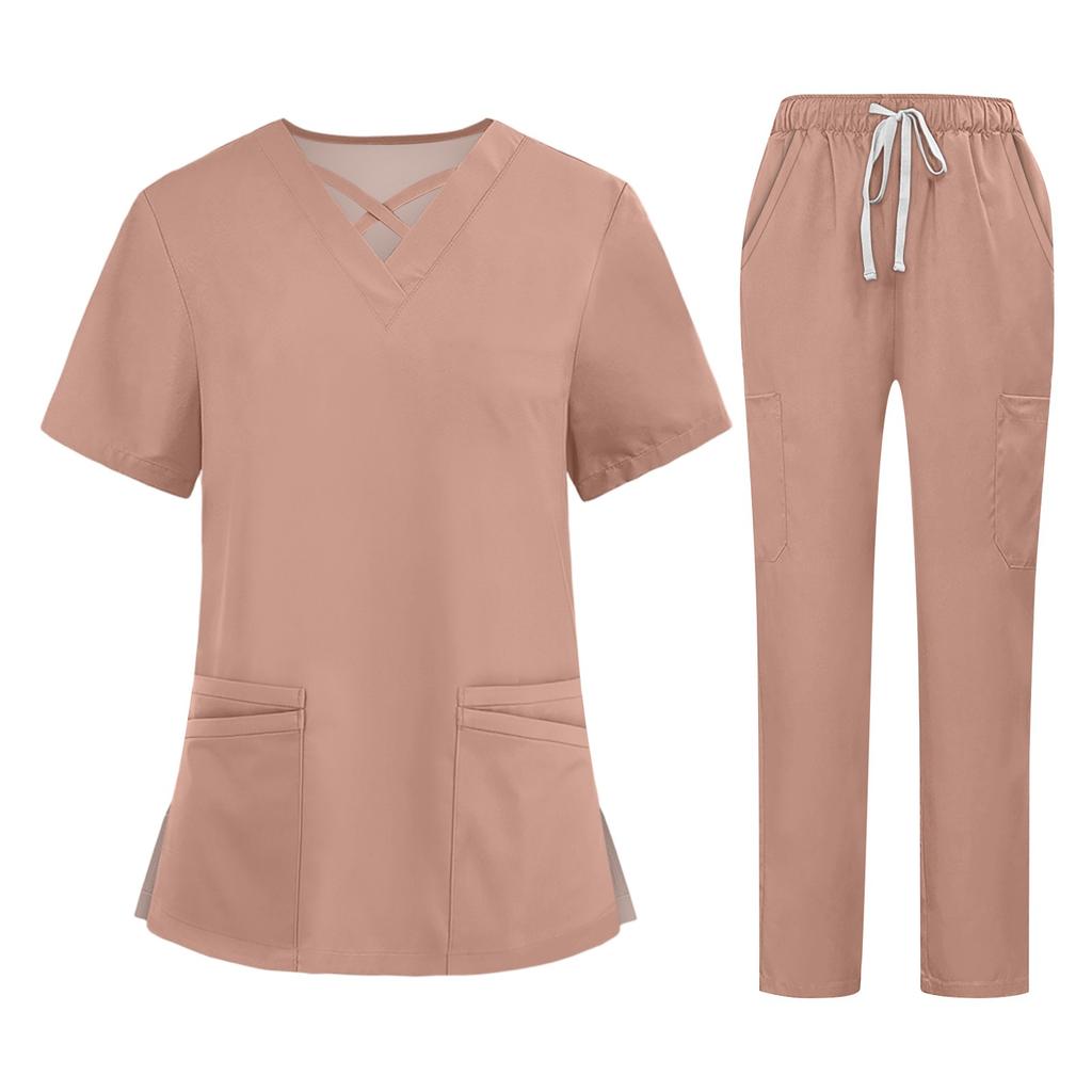 Soild Scrub Working Uniform Suit For Women's Cross V-Neck Short Sleeve Fun T-Shirts Workwear Tee With Pockets