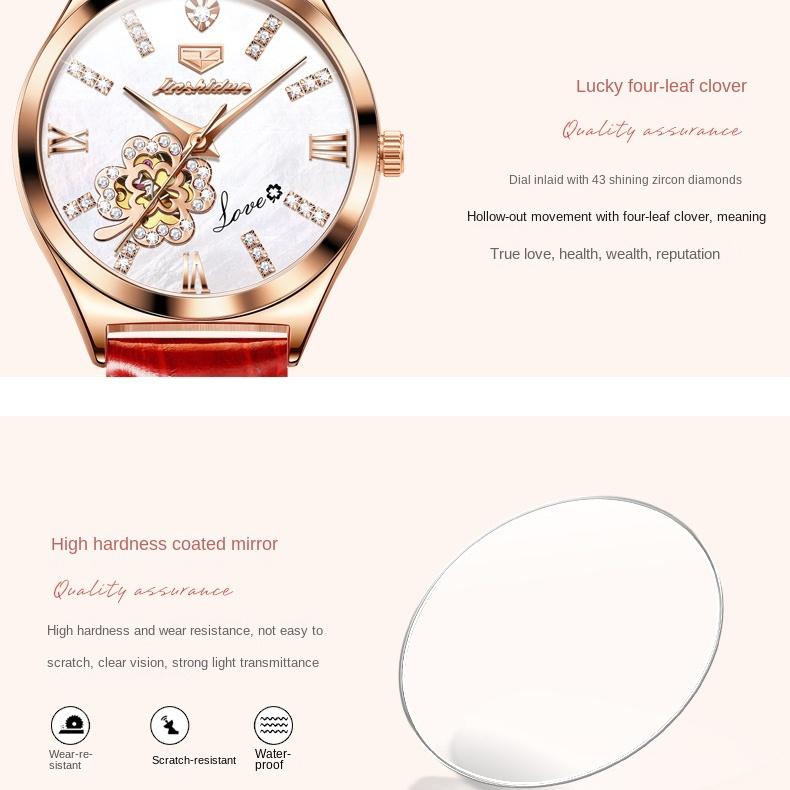 JINSHIDUN Brand Fashion Hollow Inlaid Diamond Four-leaf Clover Mechanical Watch Waterproof Women's Watch