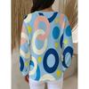 Waffle- Sweatshirt Featuring a Vibrant Large Design with a Three-button Round Neckline and Long Sleeves Top