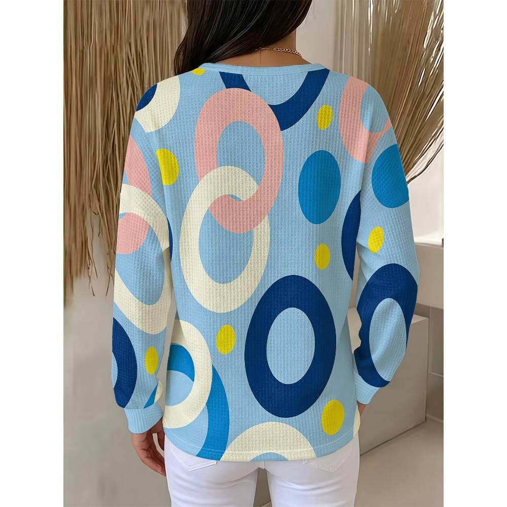 Waffle- Sweatshirt Featuring a Vibrant Large Design with a Three-button Round Neckline and Long Sleeves Top