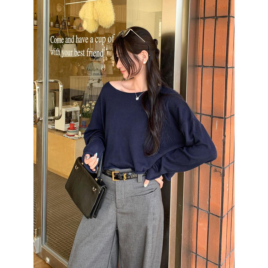 2025 New Women's Grey Knit Long Sleeve Loose Slimming Top