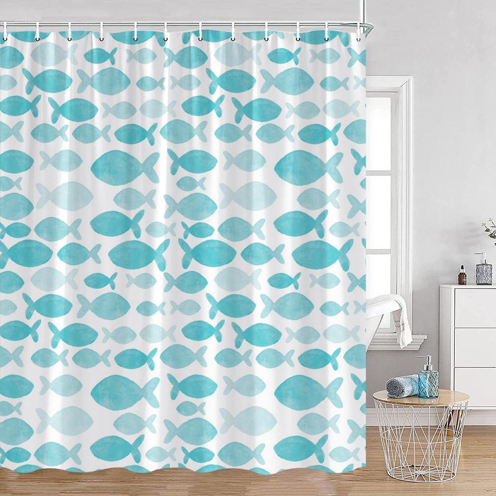Ocean Animals Nautical Cartoon Shower Curtains Tropical Fishes Sharks Shell Sea Turtle Bathroom Decorations Kids Bath Curtain Wi