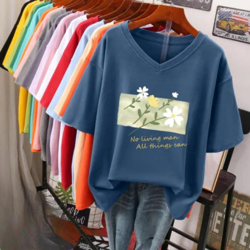 Short-sleeved T-shirt for Women, Large Size, Loose and Slimming, Printed V-neck Top