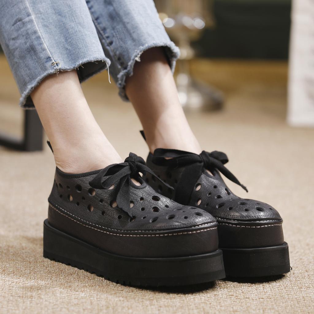 Johnature Thick Soled Hollow Hole Shoes Genuine Leather Lace Up Comfortable Women's Platform Sandals