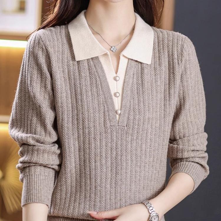 2in 1 Colorblock Collared Knitted Pullover, Casual Long Sleeve Button Front Top for Spring & Fall, Women's Clothing