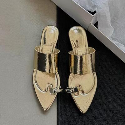 Fashion Metal Decoration Wedges Set Toe Slippers Women Sexy Pointed Toe Summer Slide Sandals Comfort Non Slip Beach Flip Flops