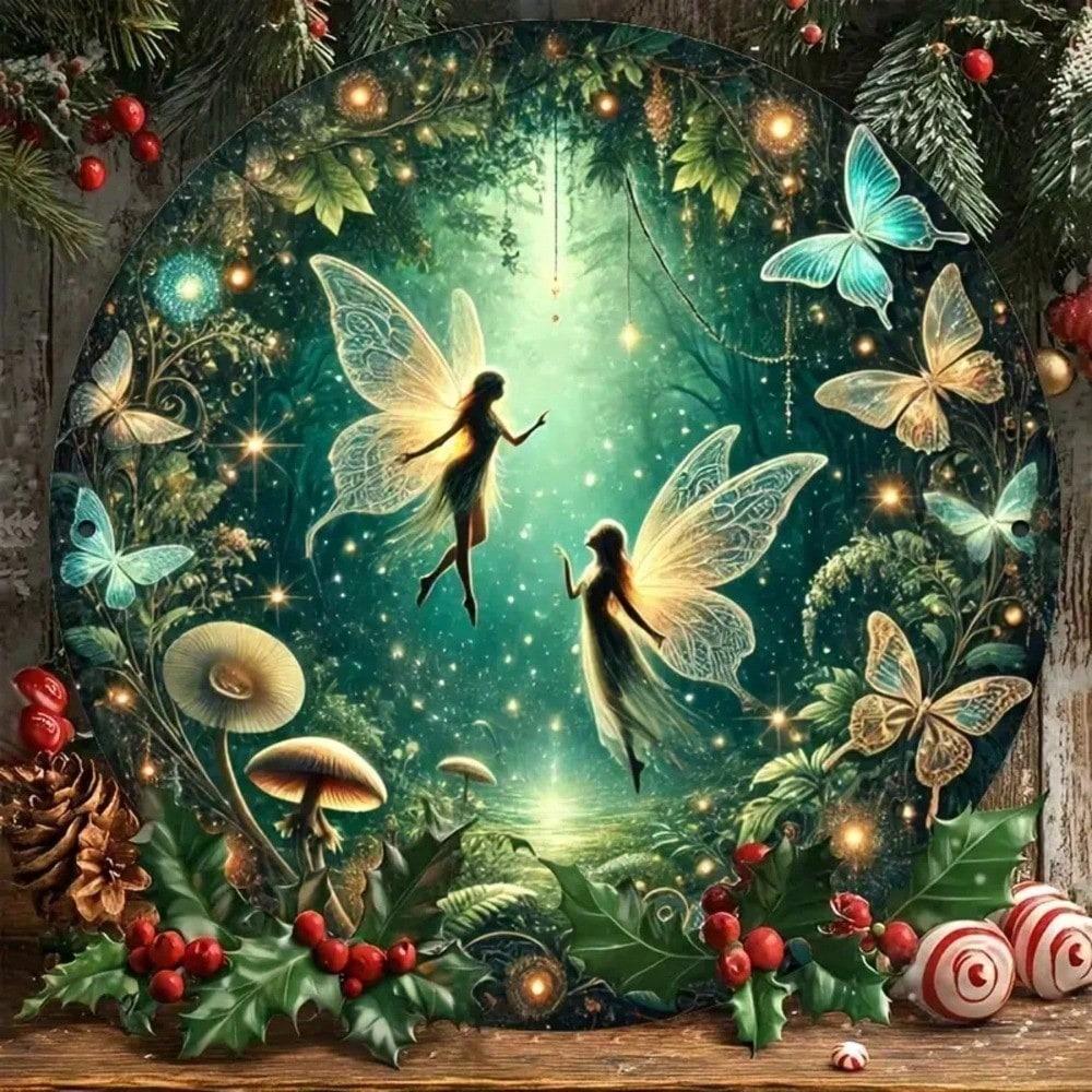 VANRISEN Vintage Fairy Forest Round Metal Tin Sign Fantasy Animal Plant Wall Art Kids Room Garden Porch Decor