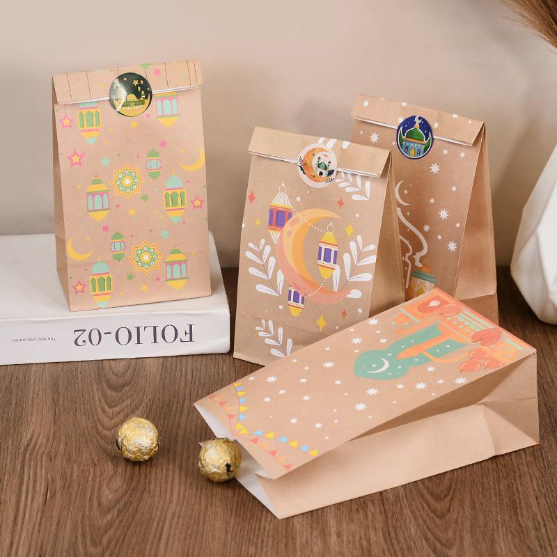 12 Stück Eid Mubarak Kraftpapiertüte mit Aufklebern Ramadan Süßigkeiten Geschenkverpackungstüte 2025 Islamische Muslimische Party Dekorationszubehör