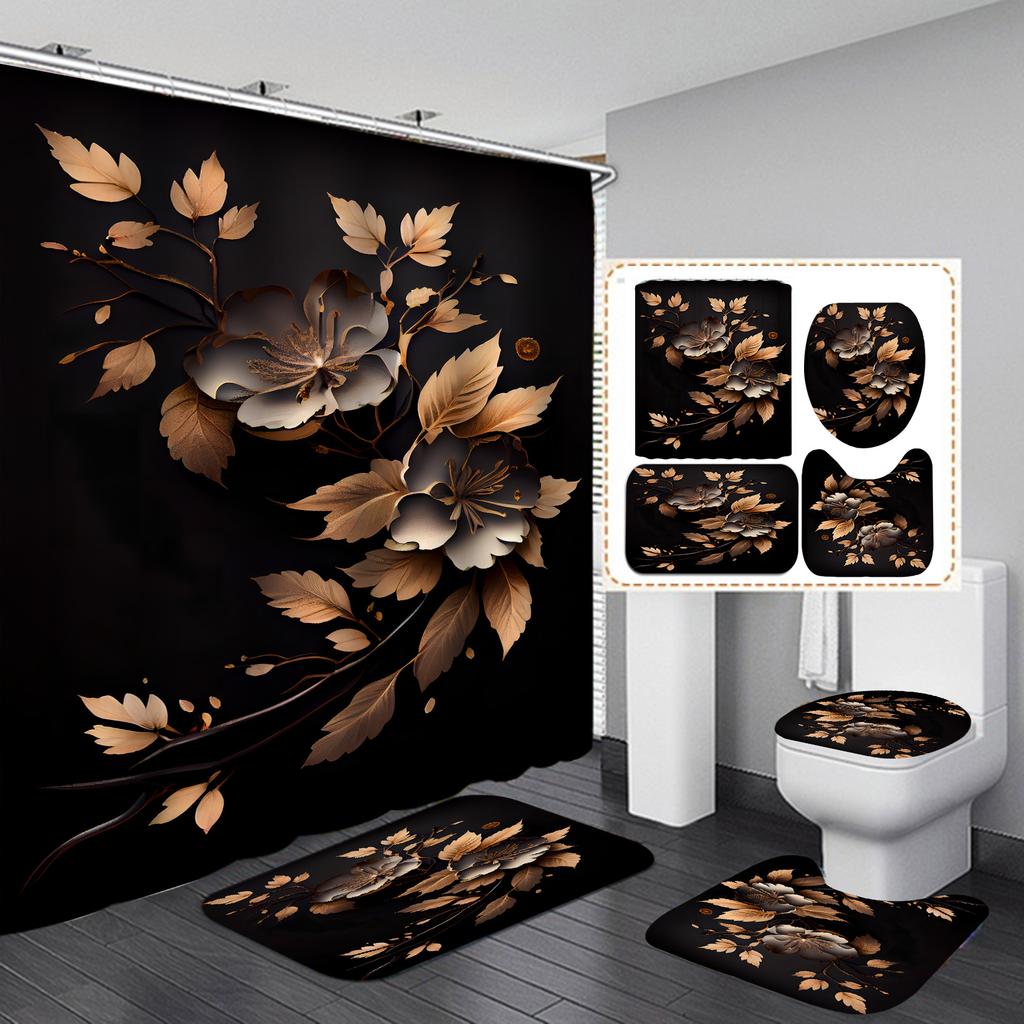 4Pcs Painted Floral Shower Curtain Set with Non-Slip Bath Mat, Toilet Lid Cover, Contour Rug & 12 Hooks, Bathroom Decor