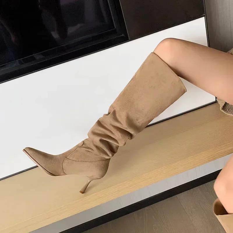 Luxury Women Boots Fashin Pointed Toe Thin High Heels Ankle Boots Autumn Pleated Cowboy Women Knee-High Boots Woman Western Shoe