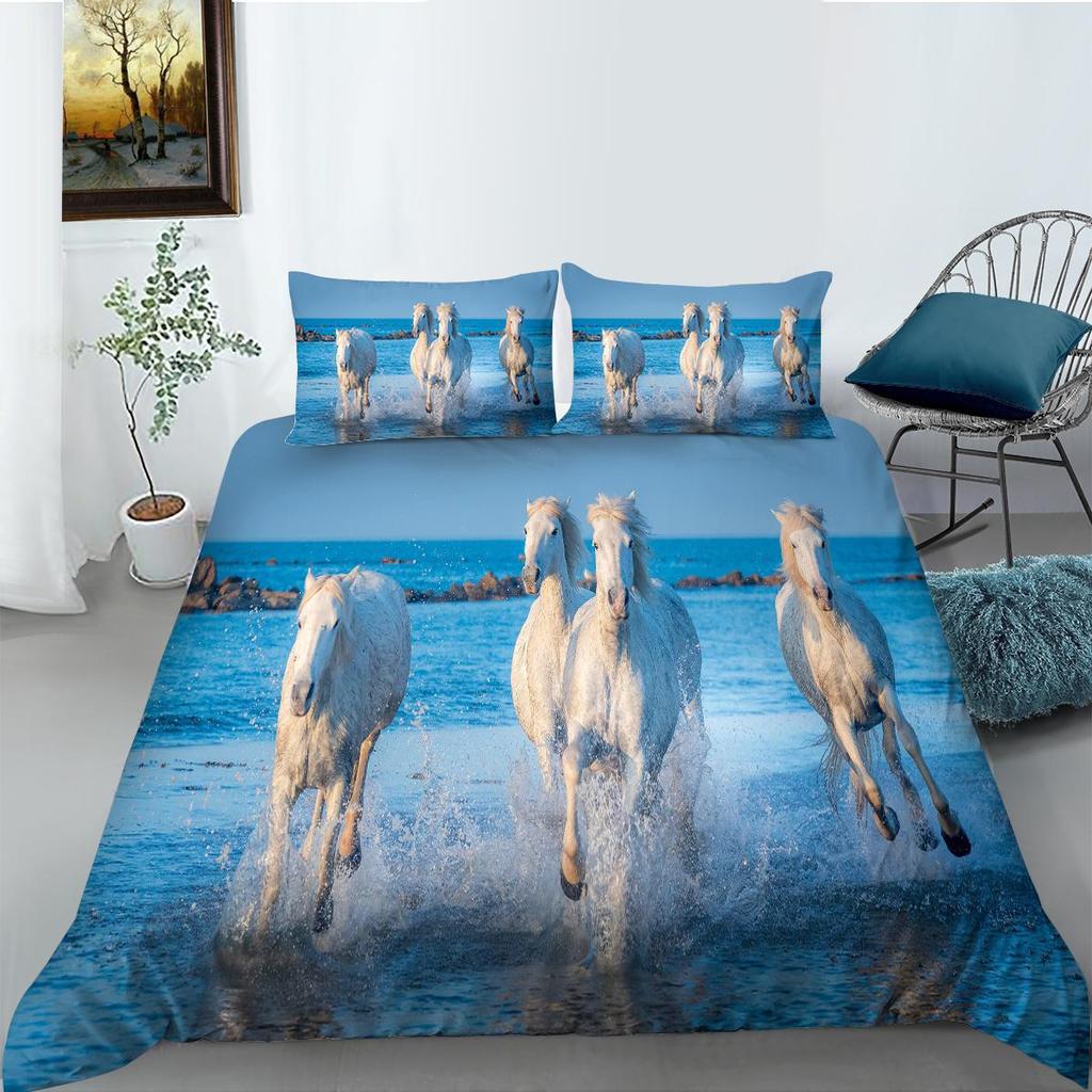 Lenjerie de pat de lux 3D Pat dublu de o persoană Față de pernă și husă de pilota de dimensiune completă 2 sau 3 imprimeuri de animale lup sau cai Decorare confortabilă a casei