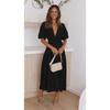 2025 Summer Deep V-neck Puff Short Sleeve Fashion Women Dress New Elegant Solid Color Loose Party Medium and Long Dress Women Slim Fit Women Clothing