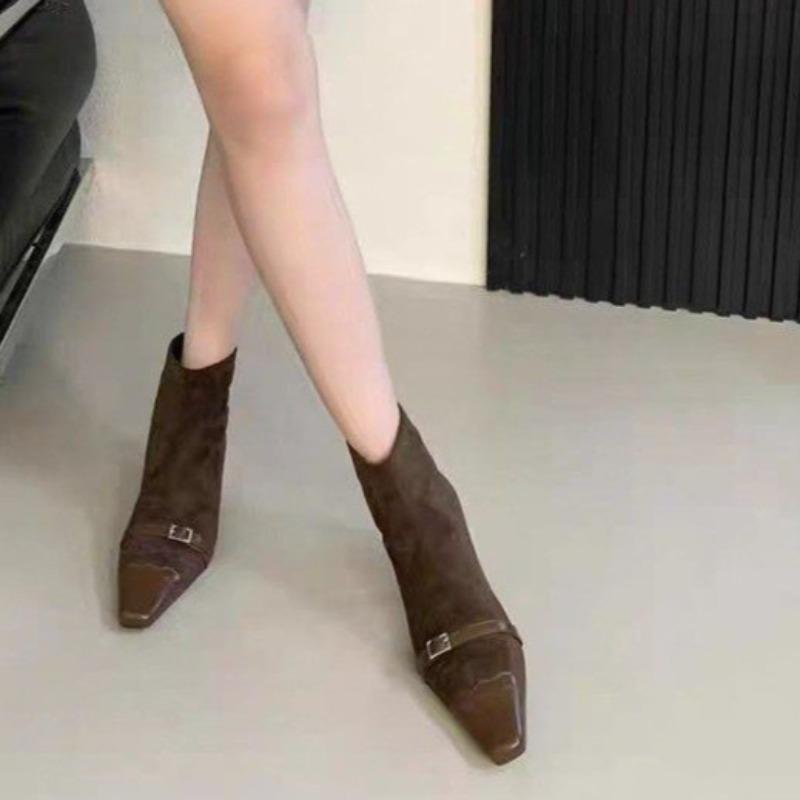 Fashion Fashion Metal Buckle Spliced Stiletto Single Shoes Women's Fashion Square Toe Rear Zipper Anti-Slip Wear-Resistant Booties