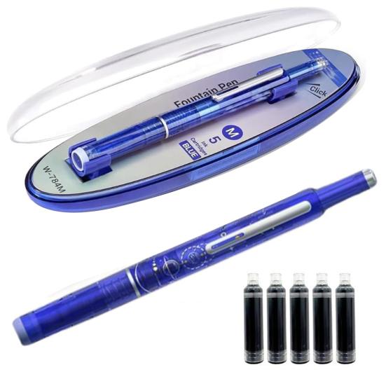 Retractable Fountain Pen Fine Nib Set 0.38mm Black/Blue Ink Transparent Barrel Pen with 5 Refillable Ink Cartridges for Sketching