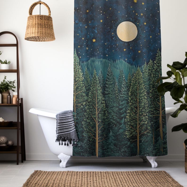 Moonlit Evergreen Forest Shower Curtain, Earthy Bathroom Decor, Serene Woodland Scene Home Decor, Bathroom Accent Autumn