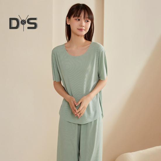Women's Ice Silk Pajamas Set Short Sleeved Top Wide Leg Pants Sleepwear Set Summer Ultra Thin Two Piece Lounge Nightwear