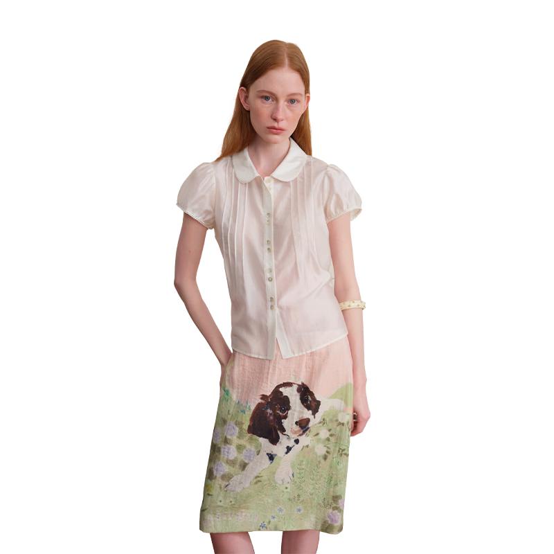 Women s Puff Sleeve Lace-Trim Doll Collar Blouse M