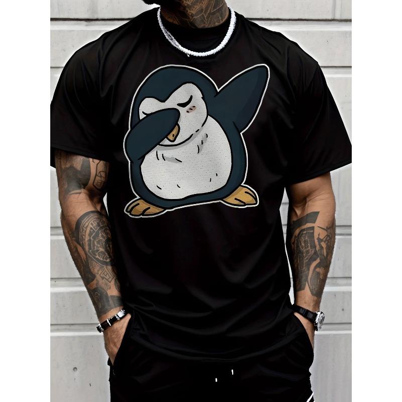 Men's Cute Penguin Graphic T-Shirt - Short Sleeve Casual Tee with Adorable Dabbing Penguin & Blushing Cheeks, Yellow Feet Design, Moisture
