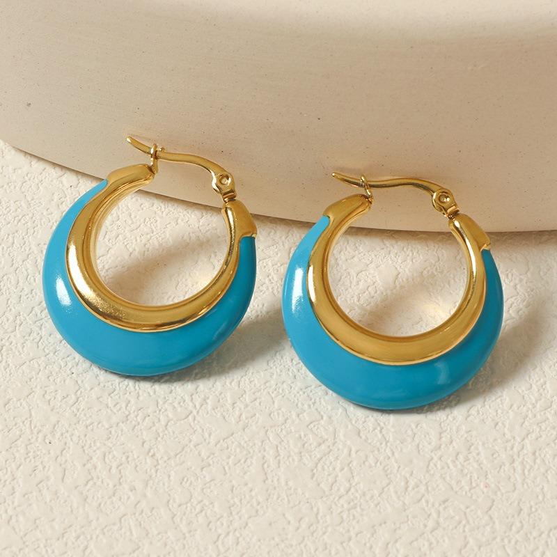 Retro Exaggerated U-shaped Titanium Steel Earrings for Women  Fashionable and Versatile Enamel Oil-drop Earrings Light Luxury High-end