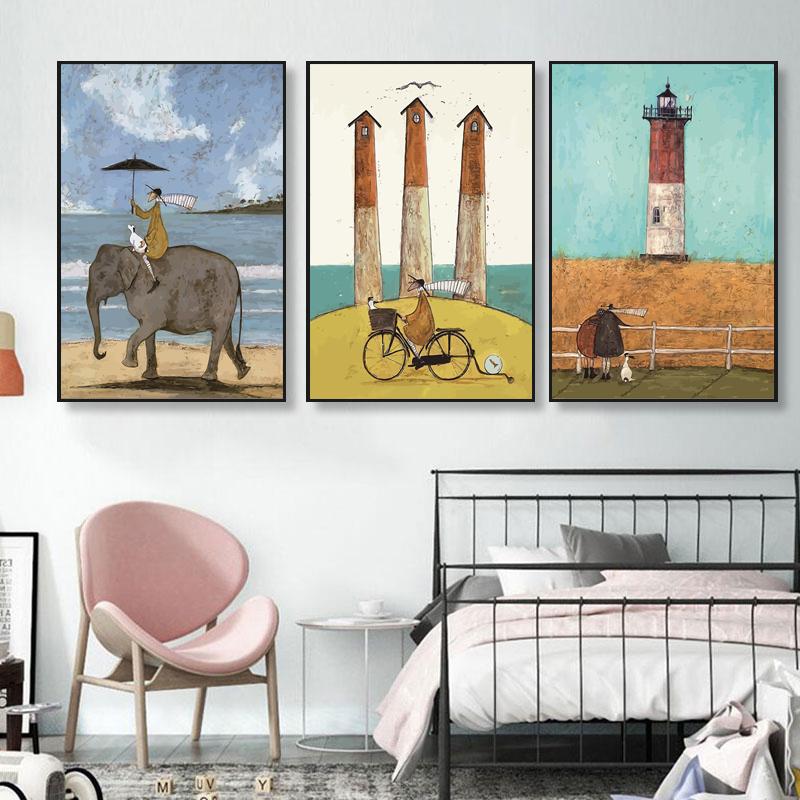 Vintage Nordic Abstract Landscape Canvas Wall Art Paintings Cartoon Dogs Posters and Prints Pictures Kids Bedroom Home Decor