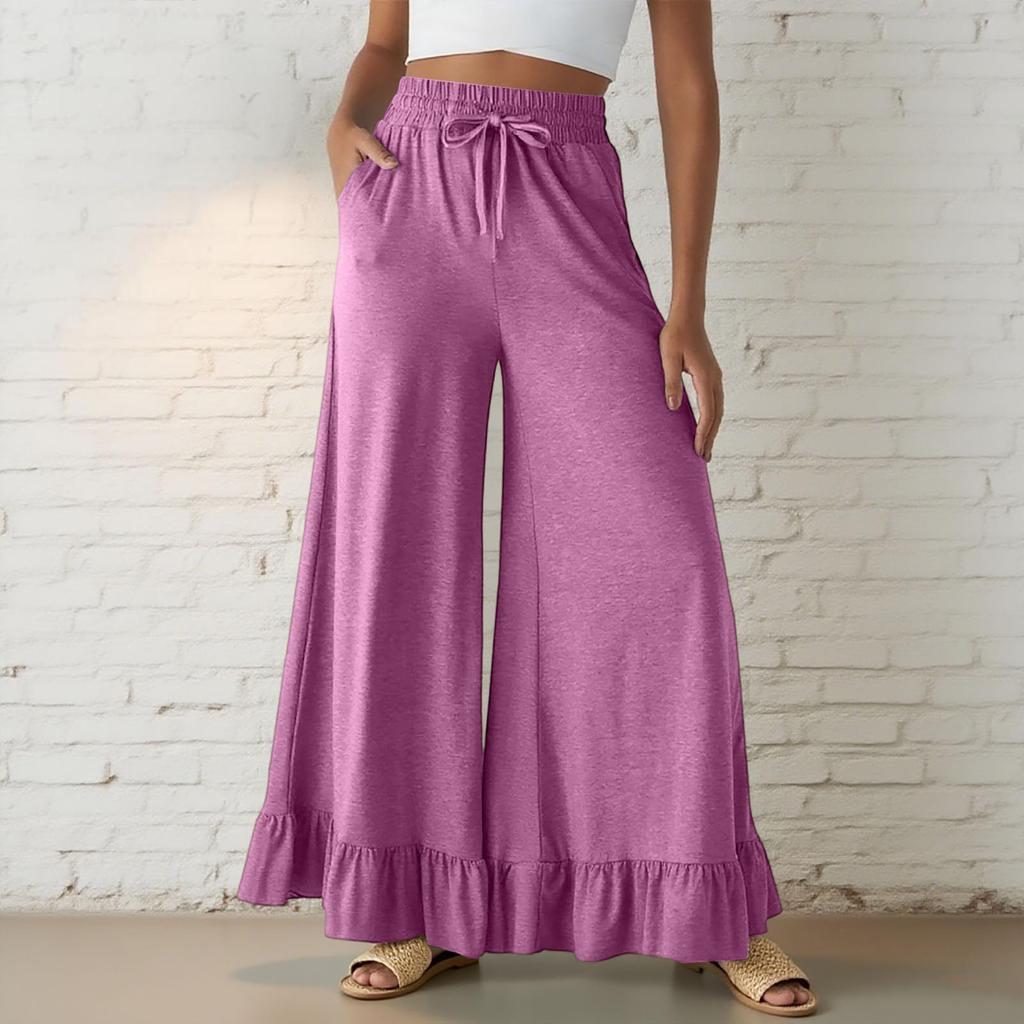 Women’s Casual Loose Fit Drawstring Elastic Waist Wide Leg Pants with Ruffle Hem and Relaxed Flowy Silhouette for Everyday Wear