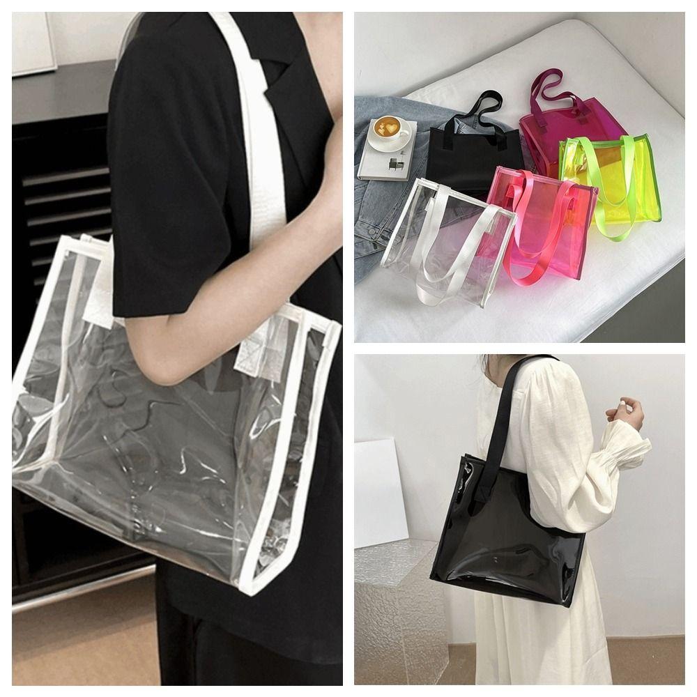 Large Capacity Waterproof Shoulder Bag Candy Color PVC Tote Bag Casual Transparent Handbag  Sports