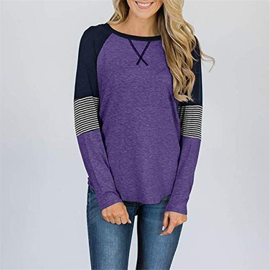 Womens Casual Long Sleeve Round Neck Splicing Stripes Color Blouses Leisure Tops