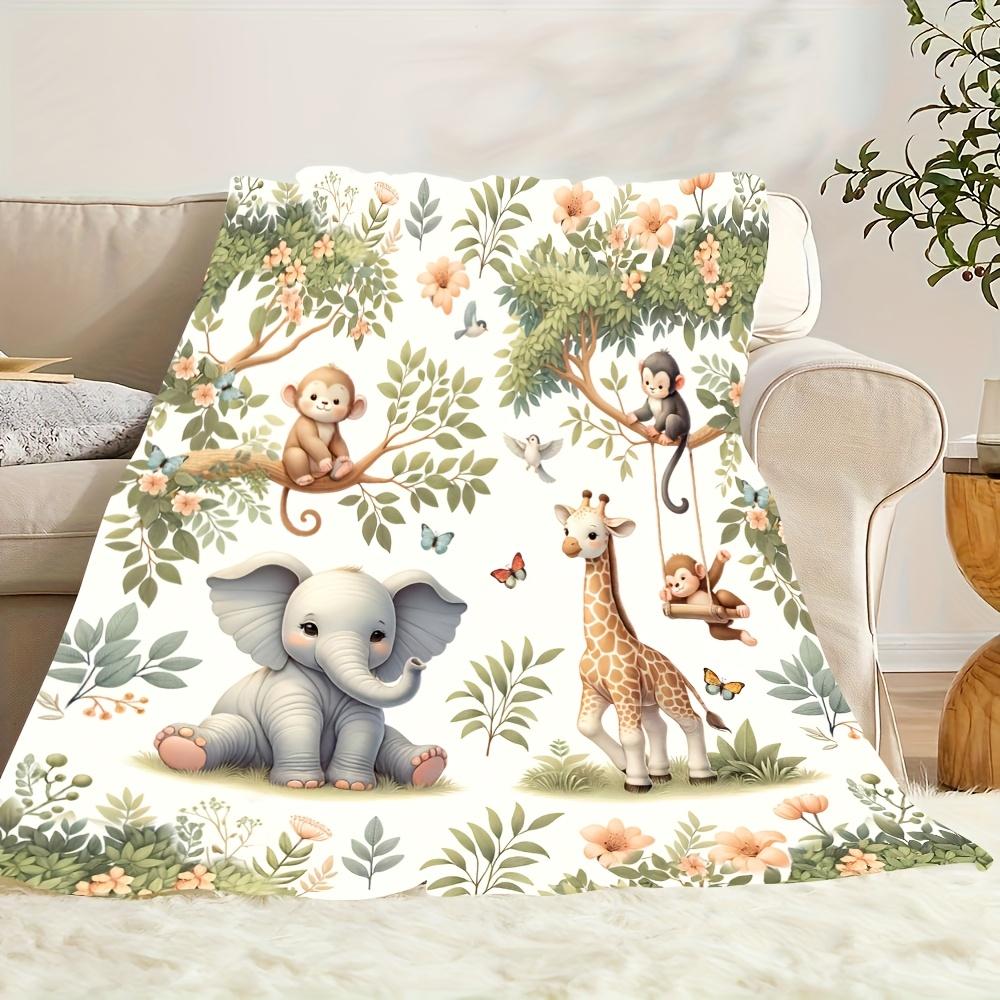 Spring Animal Flannel Blanket - Cute Elephant/Giraffe Print, Warm Throw for Camping/Home, Perfect Gift for Family & Best Friends