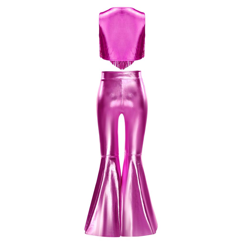 Girls 70s Disco Costume 2 Piece Set Metallic Gloss Sequins Sleeveless Top Split Bell Bottom Pants