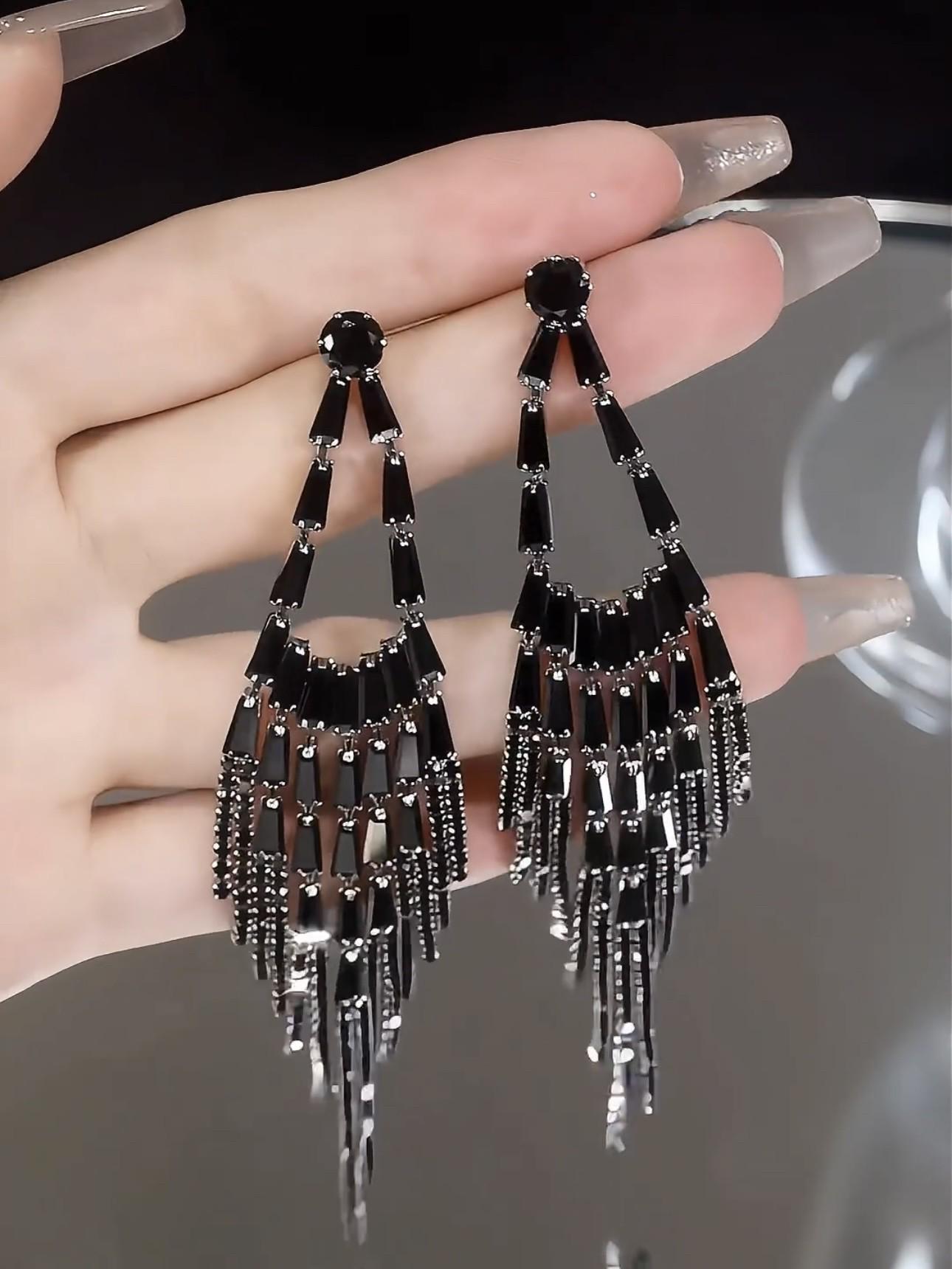 Elegant Black Zircon Long Tassel Earrings - 925 Silver Needle for Evening Gowns