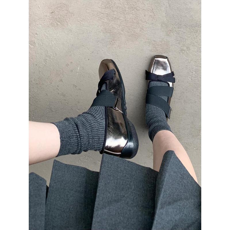 Genuine Leather~ Bow-tied Silver Shoes Sheepskin Mary Jane Single Shoes Women's Head Platform Small Leather Shoes Ballet Shoes Ladyshoes