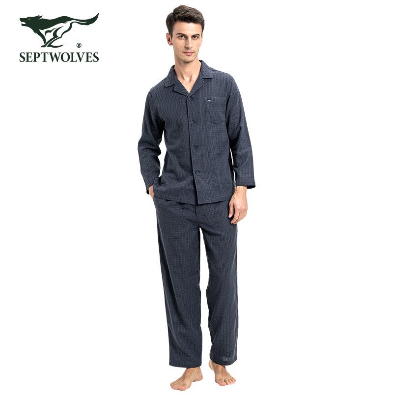 

Мужской хлопковый пижамный комплект Seven Wolves с лацканами - Удобный кардиган для повседневной домашней одежды на весну/лето XL