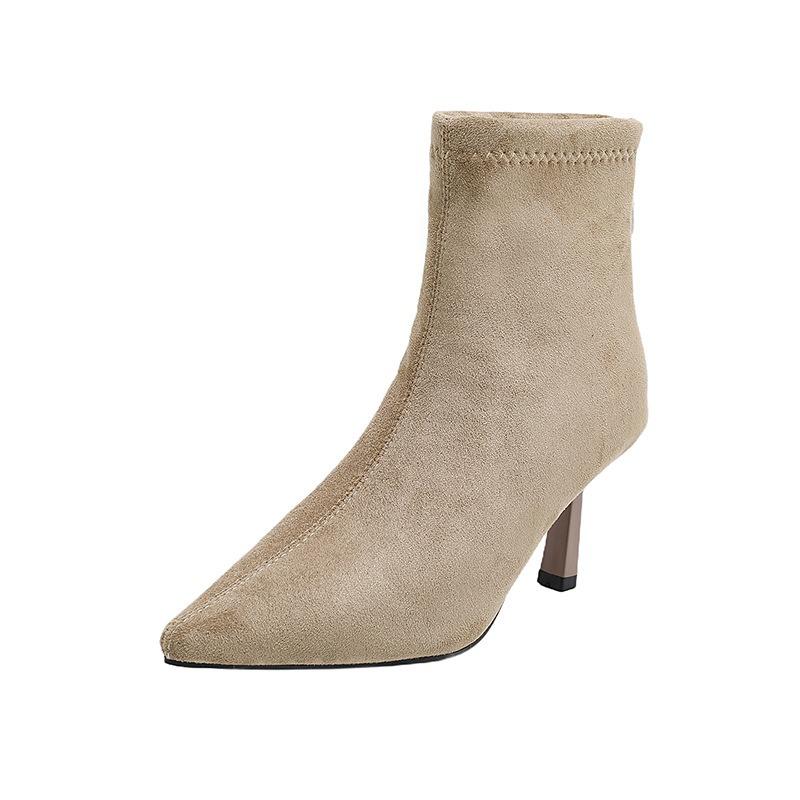 

замшевые ботильоны на высоком каблуке с острым носком, женские ботильоны на тонком каблуке с задней молнией, осенне-зимние новые темпераментные эластичные тонкие ботильоны 40 песочный