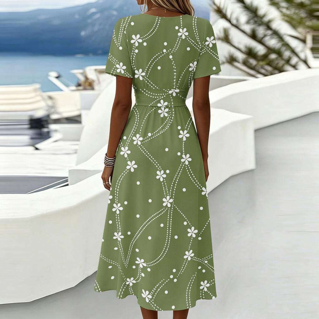 Women Midi Dress Short Sleeve V Neck Summer Casual A Line Waist Defined Floral Print Soft Lightweight Graphic Dress