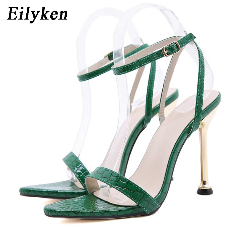 Fashion Eilyken Narrow Band Ankle Buckle Strap Green High Heels Sandals Women's Pointed Toe Party Female Shoes Sandalias Mujer