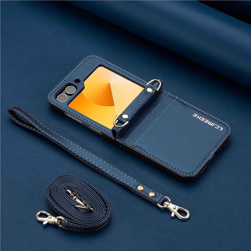Compatible with Samsung Z Flip7/6 Leather Crossbody Strap Case, Z Flip5 Card Slot 3-Fold Cover.