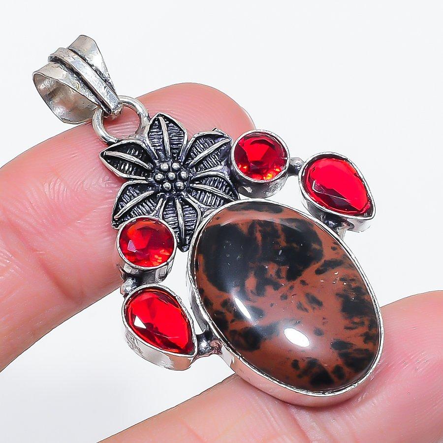 Natural Mahogany Obsidian, Garnet 925 Sterling Silver Jewelry Pendant 2.01" A5W10