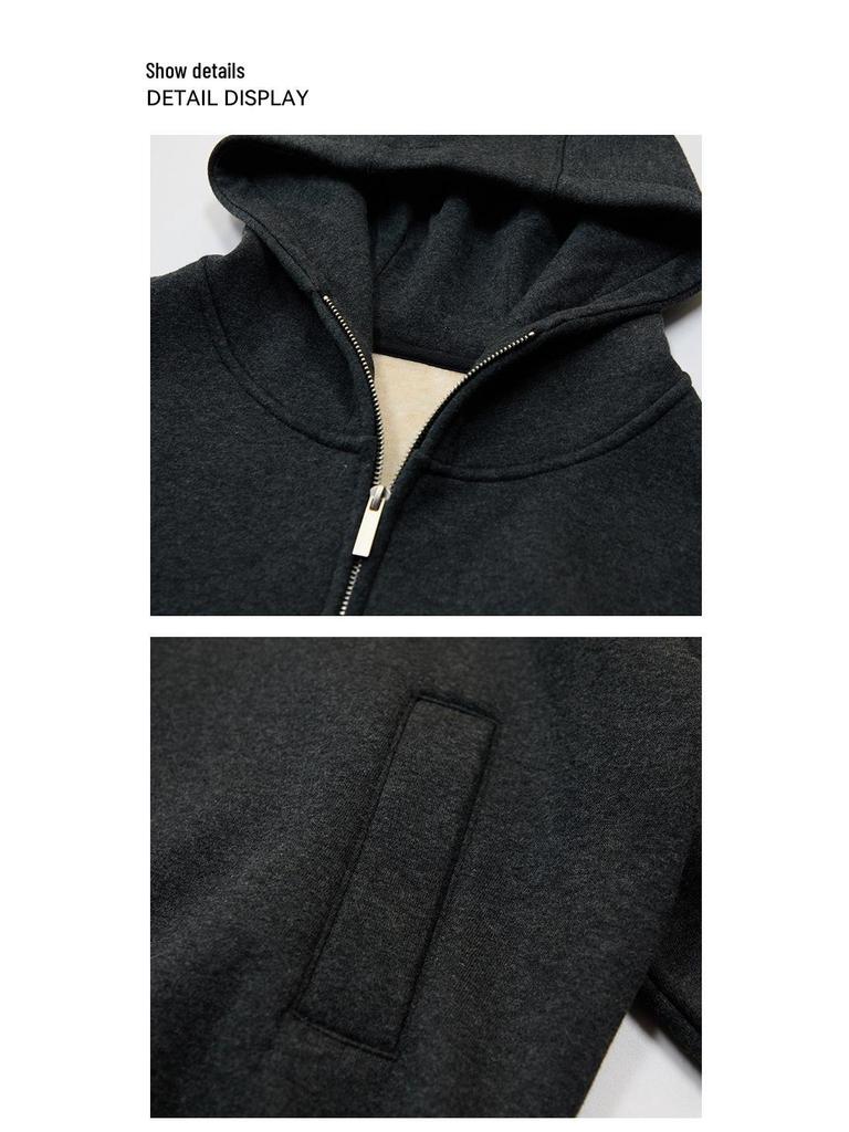 Men's Heavyweight Silk Wool Hooded Sweatshirt with High Collar and Zipper - 580g Plus Velvet Warm Jacket