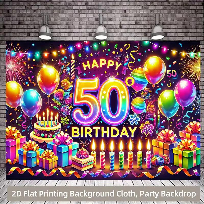 

2D Happy 50th Birthday Photography Backdrop, Glow Neon Party Background 47.2x31.5inch/120*80cm